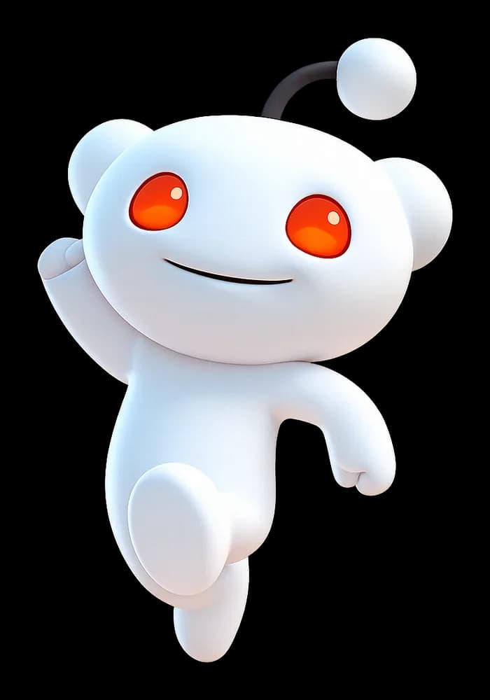 Snoo, the Reddit mascot, leaping with a wave